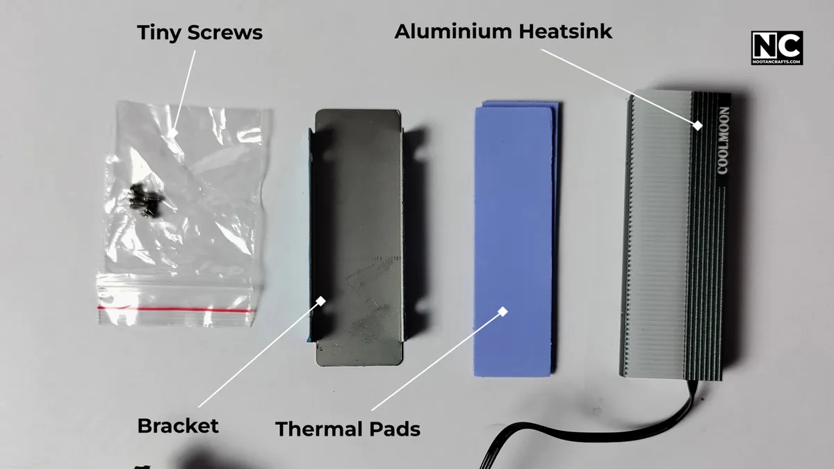 M.2 heatsink kit contents including aluminium block, thermal pads, bracket and screws