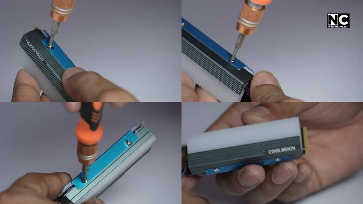 Bracket and screws closing the heatsink onto the SSD