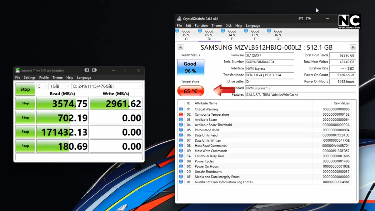 Aluminium M.2 heatsink fitted to an NVMe SSD inside the case