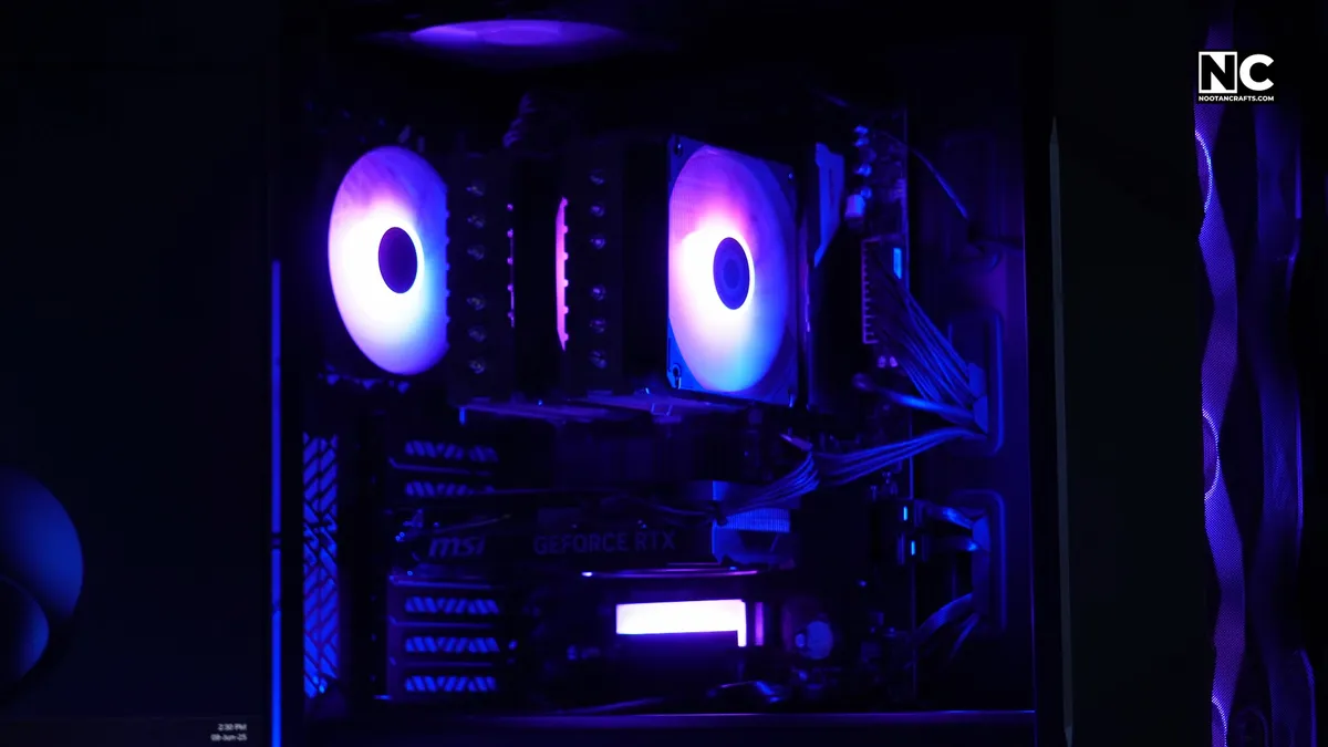 Lit M.2 heatsink seen through the case side panel