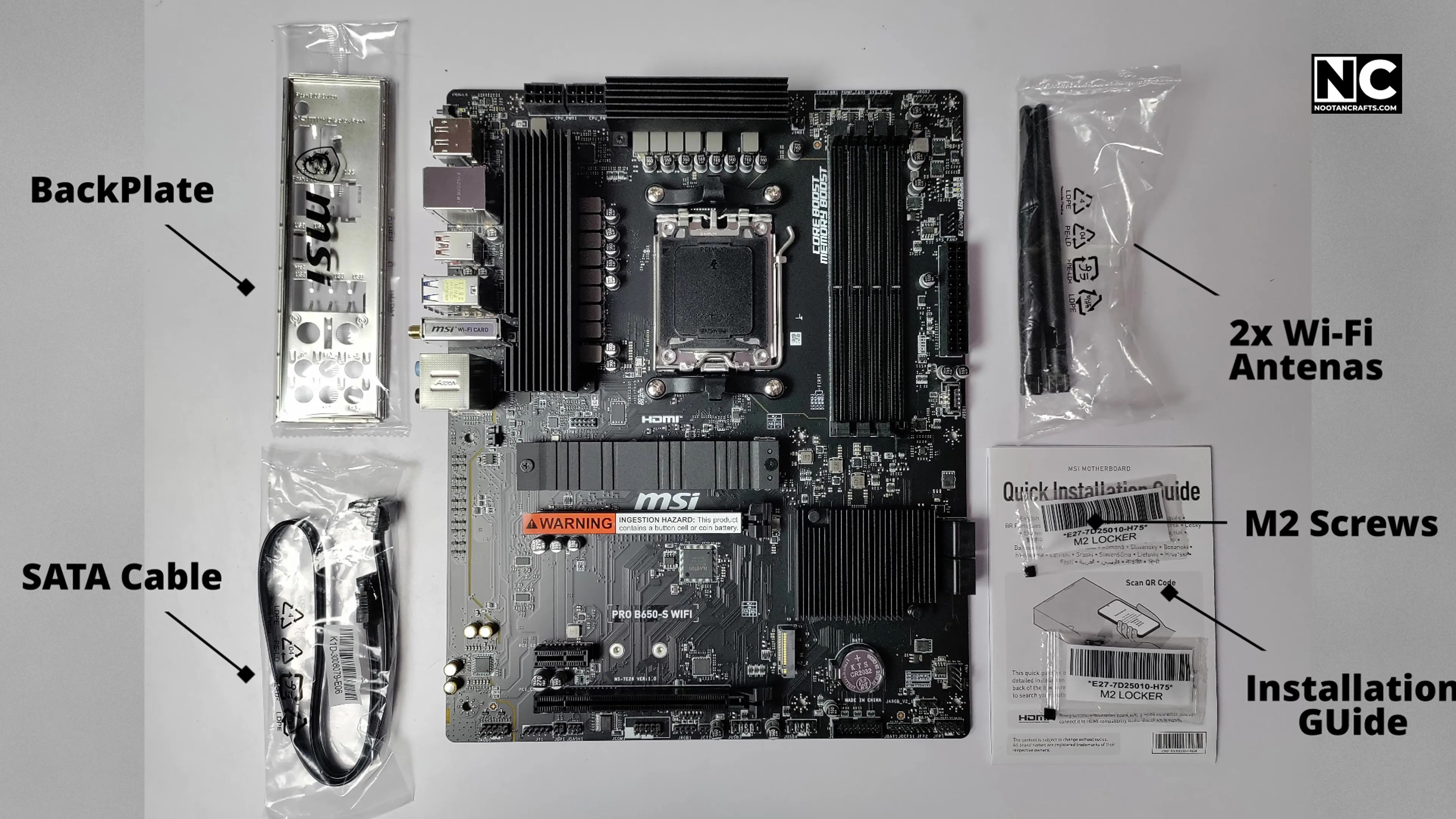 MSI PRO B650-S WIFI motherboard accessories and backplate