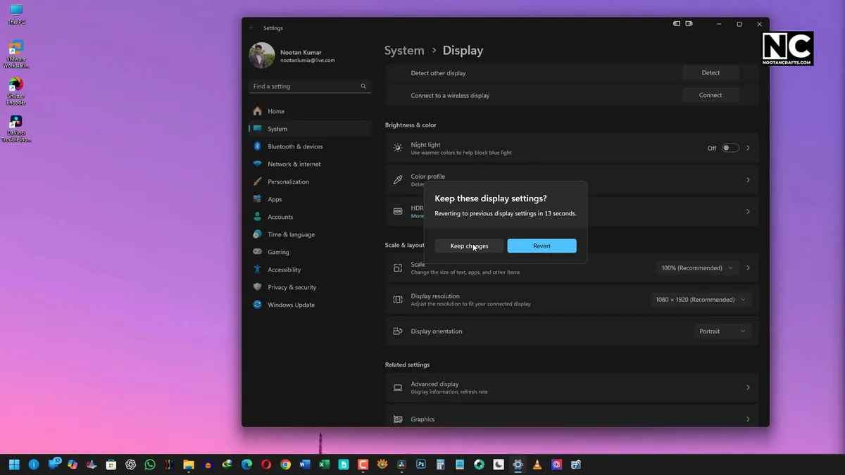 Selecting Portrait orientation for the rotated monitor in Windows
