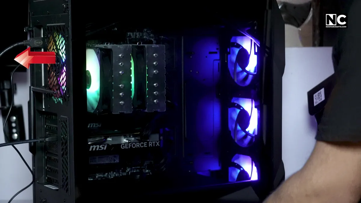 Diagram of airflow direction through a PC case, front to back